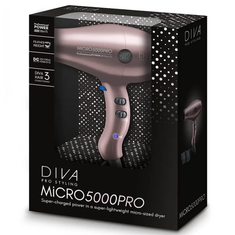 Diva Pro Styling Micro 5000 Pro Mini Hair Dryer, Millennial Pink
