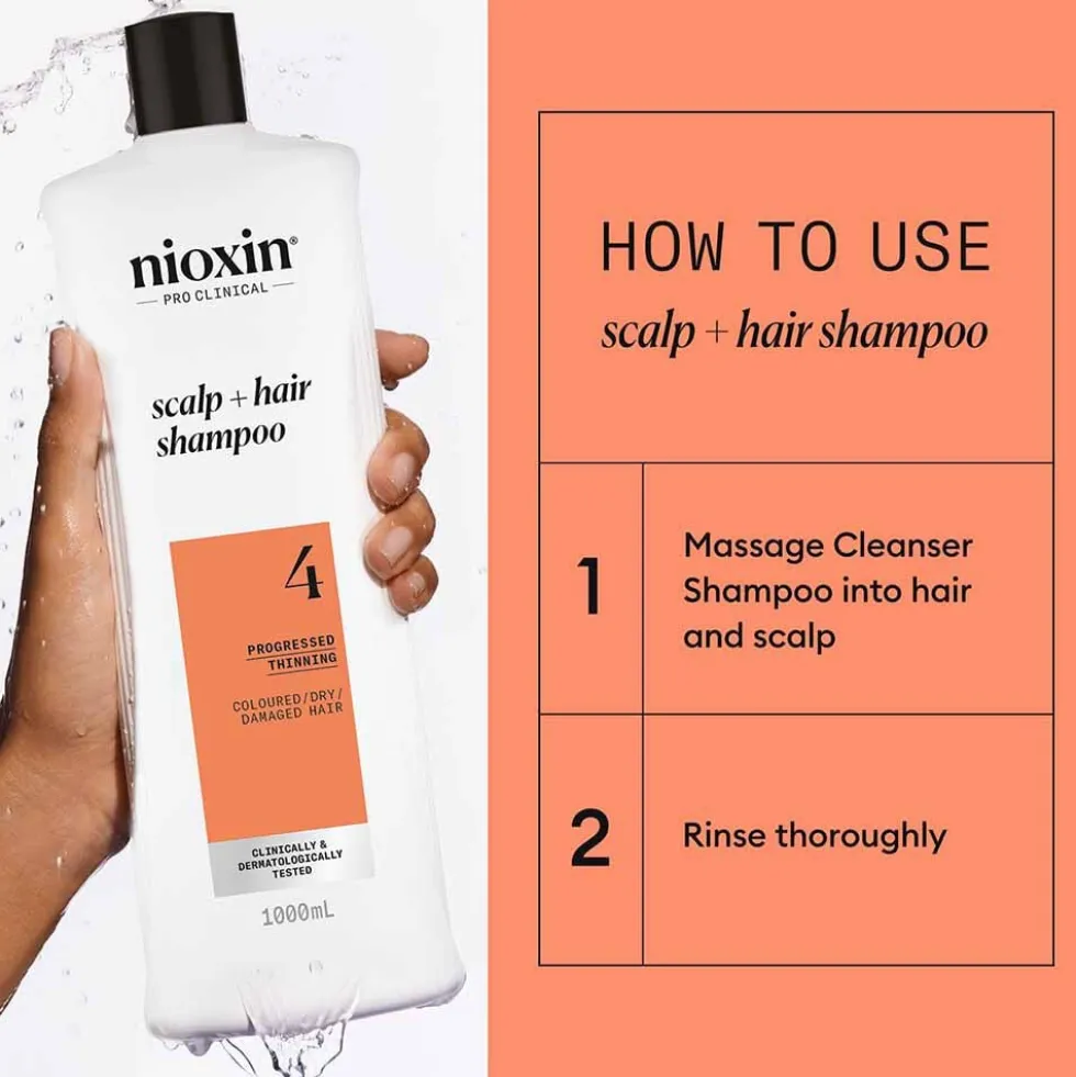 Nioxin System 4 Scalp + Hair Thickening Shampoo for Coloured, Dry and Damaged Hair with Progressed Thinning 1L