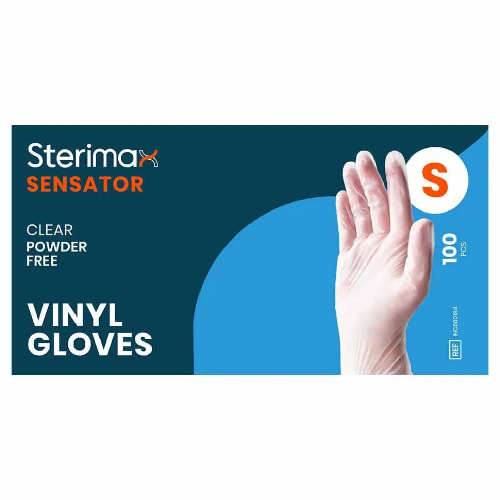 Sterimax Sensator® Vinyl Disposable Clear Gloves - Small, Pack 100